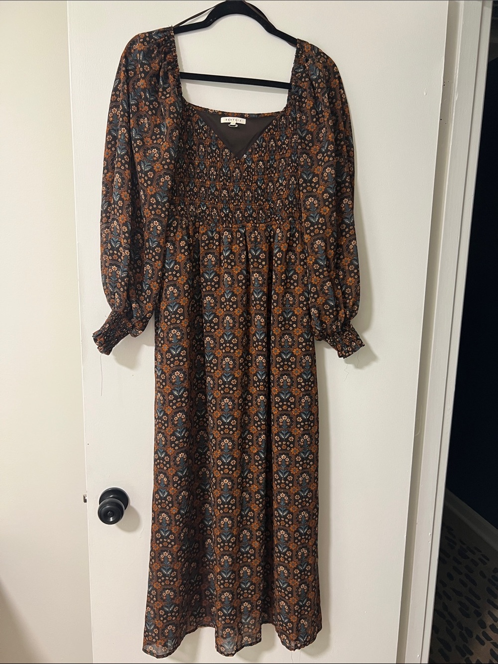 Boho Smocked Maxi Dress in Brown Floral